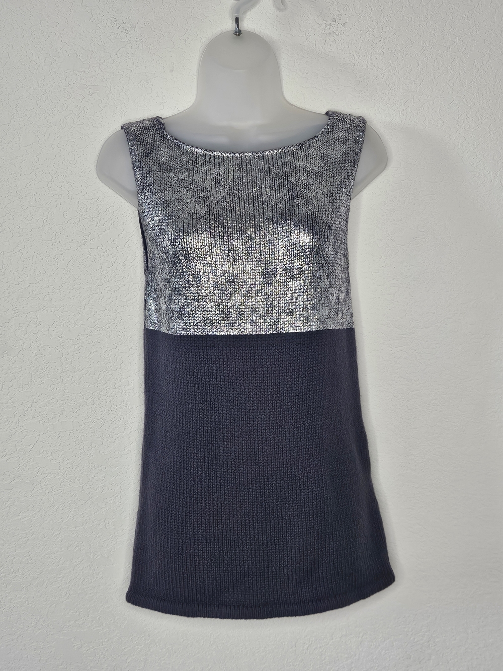 Kenneth Cole New York S Silver Metallic Gray Knit Sleeveless Tunic Merino Wool